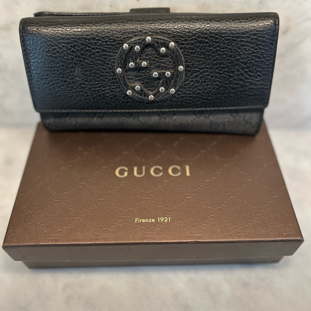 Gucci Black Leather Wallet with Studded Logo